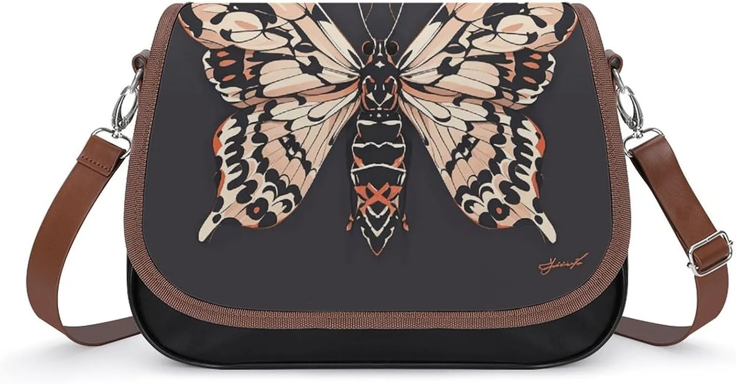 PU Leather Crossbody Bag Swallowtail Butterfly Print Flapover Tote Bag Shoulder Handbag Purse for Women with Adjustable Strap