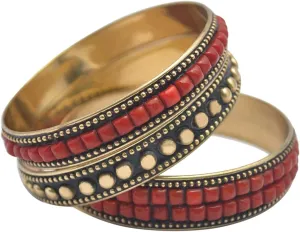 Pure Hands Sensual Smile - Handmade Set of 3 Brass Studded Bangles With Faceted Tango Red Color Resin & Golden Brass Beads Bracelet for Women.