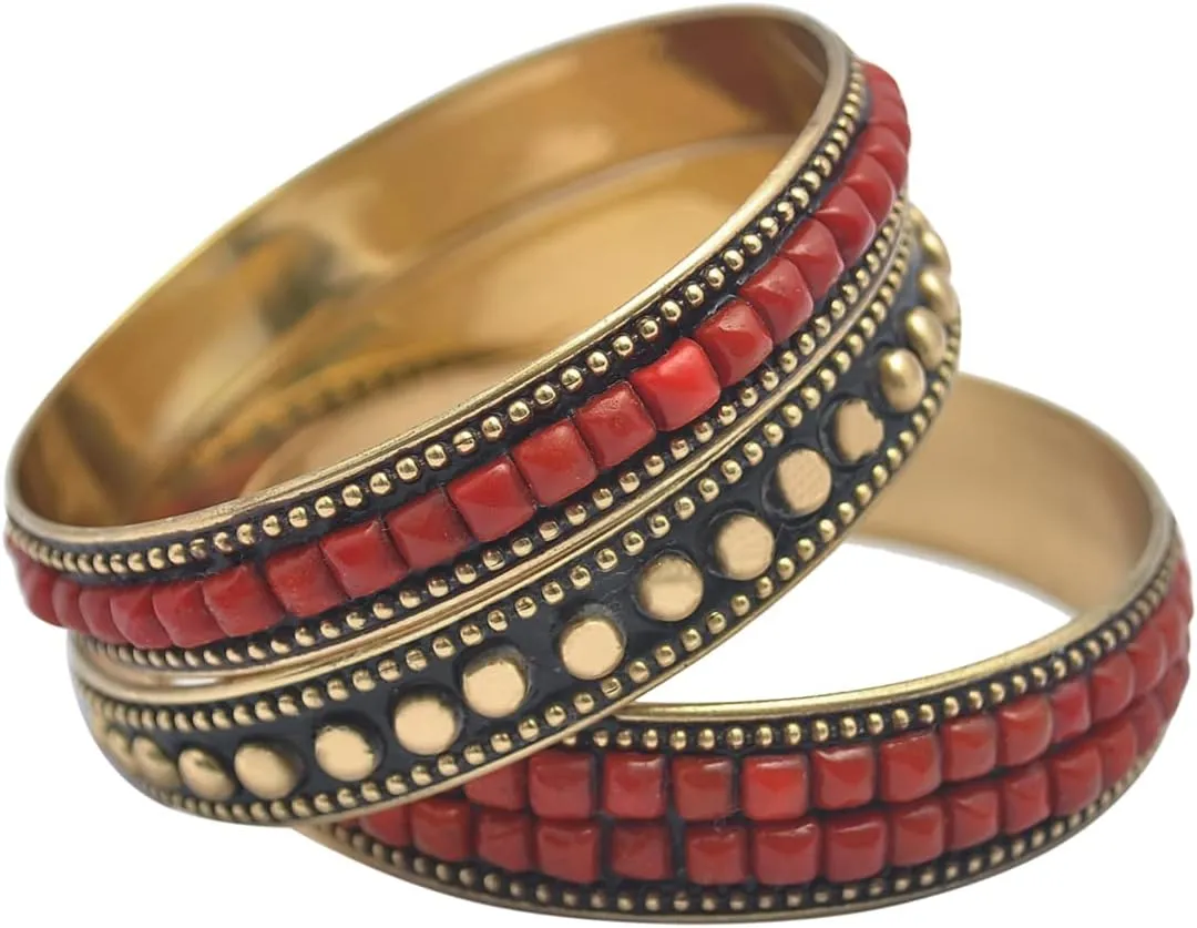 Pure Hands Sensual Smile - Handmade Set of 3 Brass Studded Bangles With Faceted Tango Red Color Resin & Golden Brass Beads Bracelet for Women.