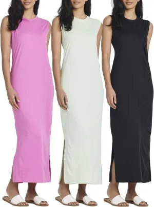 Real Essentials 3 Pack: Women's Long Tank Maxi T-Shirt Summer Casual Dress with Pockets (Available in Plus Size)