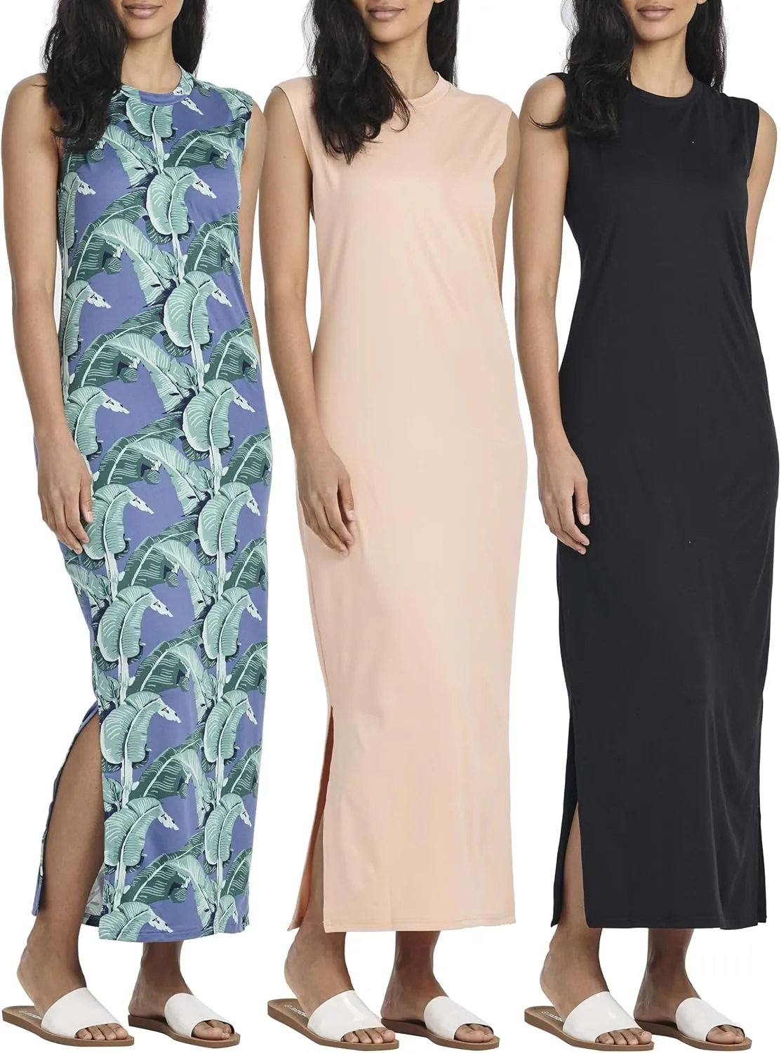 Real Essentials 3 Pack: Women's Long Tank Maxi T-Shirt Summer Casual Dress with Pockets (Available in Plus Size)