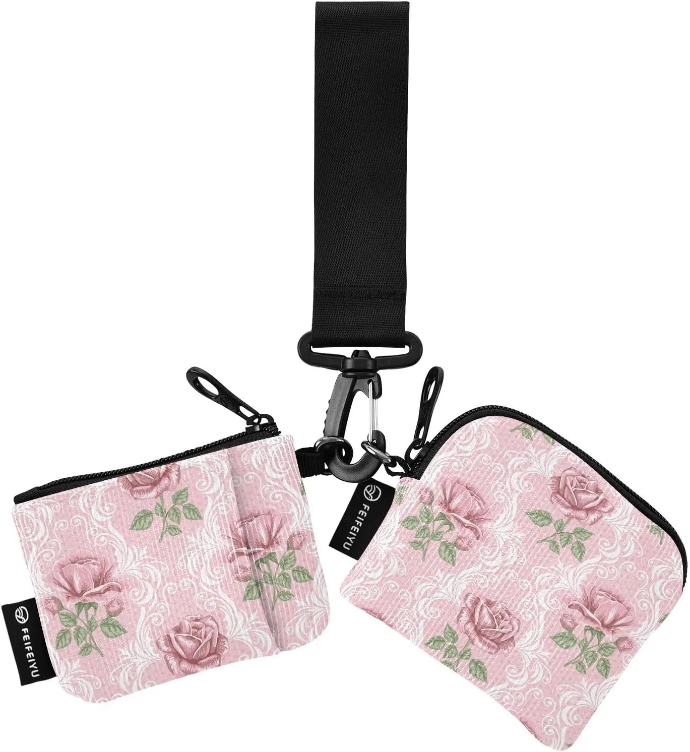 Retro Pink Rose Flower Wristlet Keychain Wallets for Women Portable Small Coin Purse
