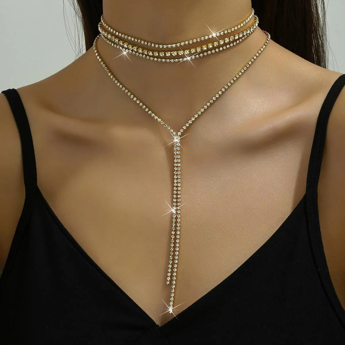 Rhinestone Layered Choker Necklaces for Women Bohemian Crystal Long Y-Necklaces Boho Long Pendant Statement Necklaces for Wedding Bride Bridesmaids