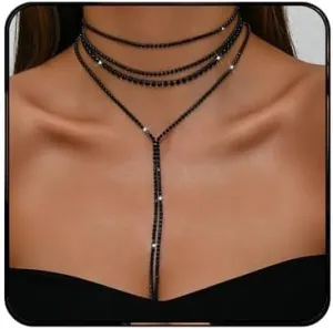 Rhinestone Layered Choker Necklaces for Women Bohemian Crystal Long Y-Necklaces Boho Long Pendant Statement Necklaces for Wedding Bride Bridesmaids