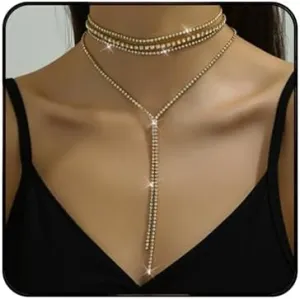 Rhinestone Layered Choker Necklaces for Women Bohemian Crystal Long Y-Necklaces Boho Long Pendant Statement Necklaces for Wedding Bride Bridesmaids