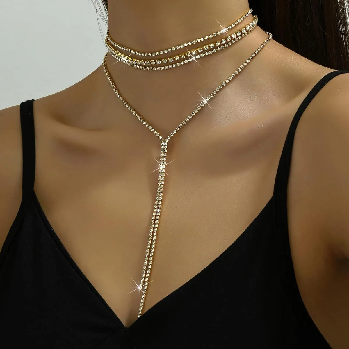 Rhinestone Layered Choker Necklaces for Women Bohemian Crystal Long Y-Necklaces Boho Long Pendant Statement Necklaces for Wedding Bride Bridesmaids