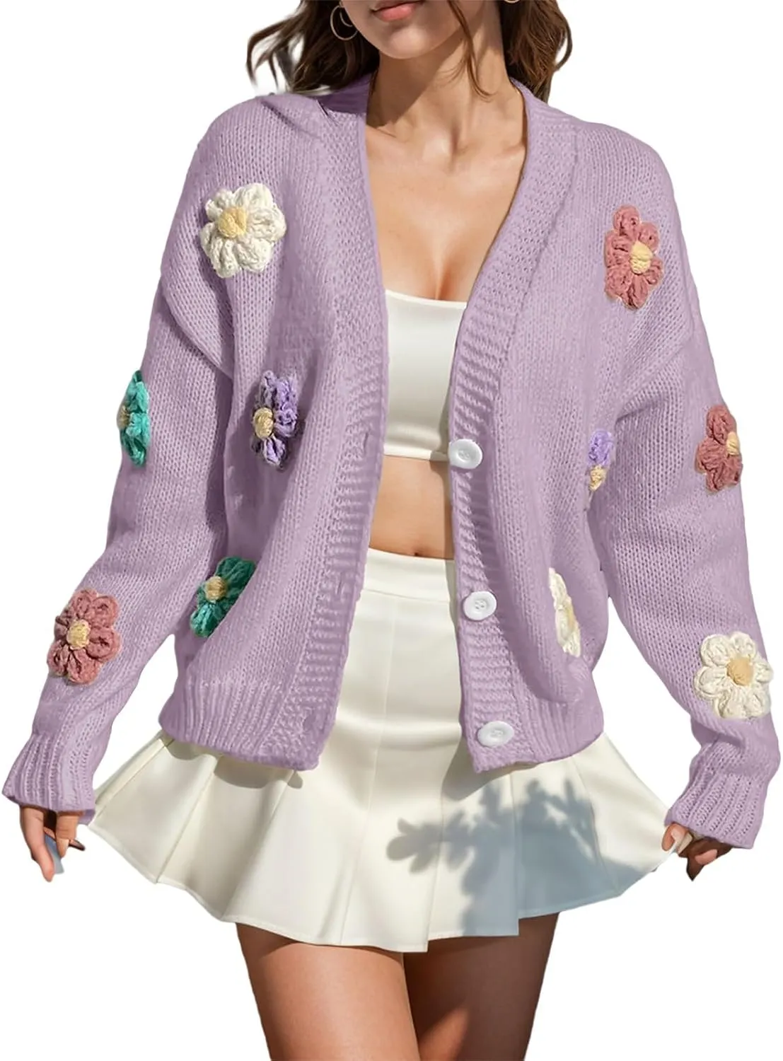 Ribbed Knit Cardigans for Women Fall Embroidery Applique Button Down Long Sleeve Crop Sweater Y2k Open Front Outwear