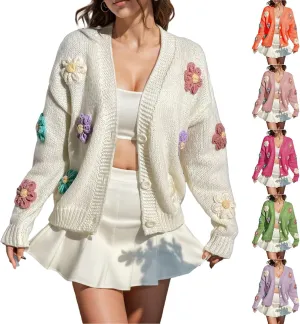 Ribbed Knit Cardigans for Women Fall Embroidery Applique Button Down Long Sleeve Crop Sweater Y2k Open Front Outwear