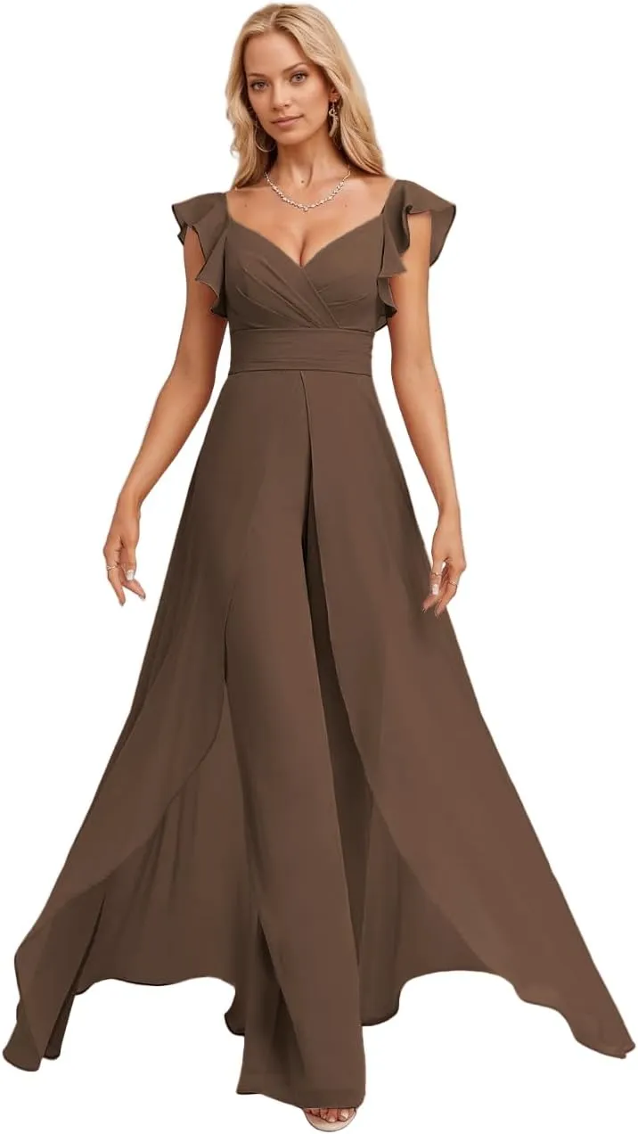 Ruffle Chiffon Bridesmaid Jumpsuits with Slit Pleated V Neck Wedding Guest Pantsuits