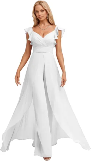Ruffle Chiffon Bridesmaid Jumpsuits with Slit Pleated V Neck Wedding Guest Pantsuits