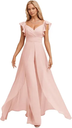 Ruffle Chiffon Bridesmaid Jumpsuits with Slit Pleated V Neck Wedding Guest Pantsuits
