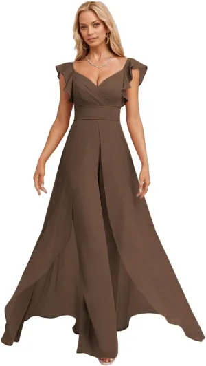 Ruffle Chiffon Bridesmaid Jumpsuits with Slit Pleated V Neck Wedding Guest Pantsuits