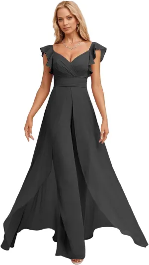 Ruffle Chiffon Bridesmaid Jumpsuits with Slit Pleated V Neck Wedding Guest Pantsuits