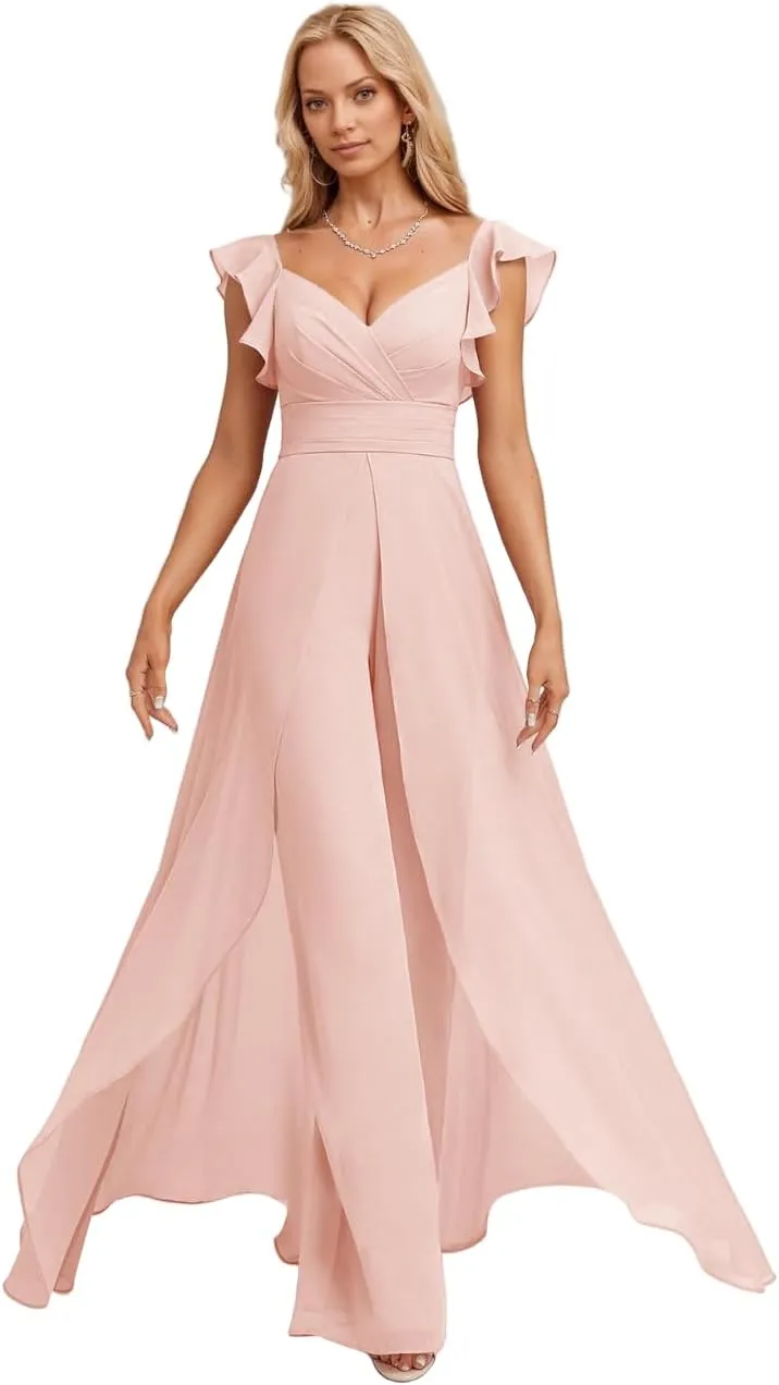 Ruffle Chiffon Bridesmaid Jumpsuits with Slit Pleated V Neck Wedding Guest Pantsuits