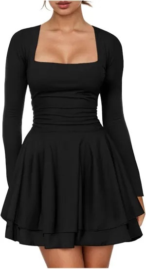 Rvidbe Summer Dresses for Women 2025 Square Neck Ruffle Hem Mini Dress Ruched Waist Long Sleeve Corset Short Party Dresses