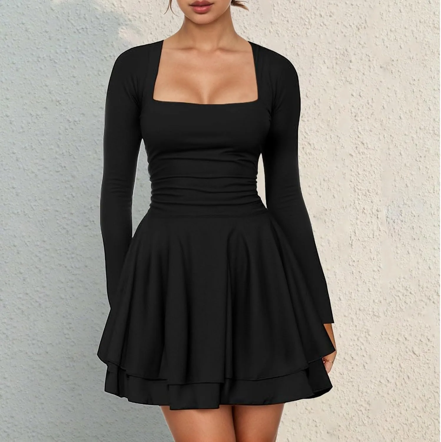 Rvidbe Summer Dresses for Women 2025 Square Neck Ruffle Hem Mini Dress Ruched Waist Long Sleeve Corset Short Party Dresses
