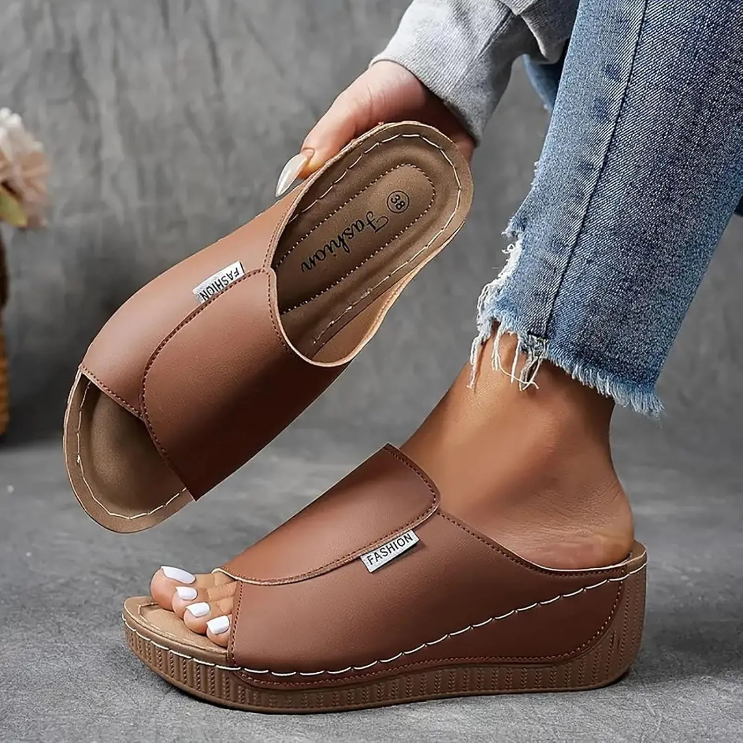 SACFOF Women Orthopedic Sandals Comfortable Arch Support Slides Summer Orthotic Platform Wedge Slip on Walking Casual Shoes
