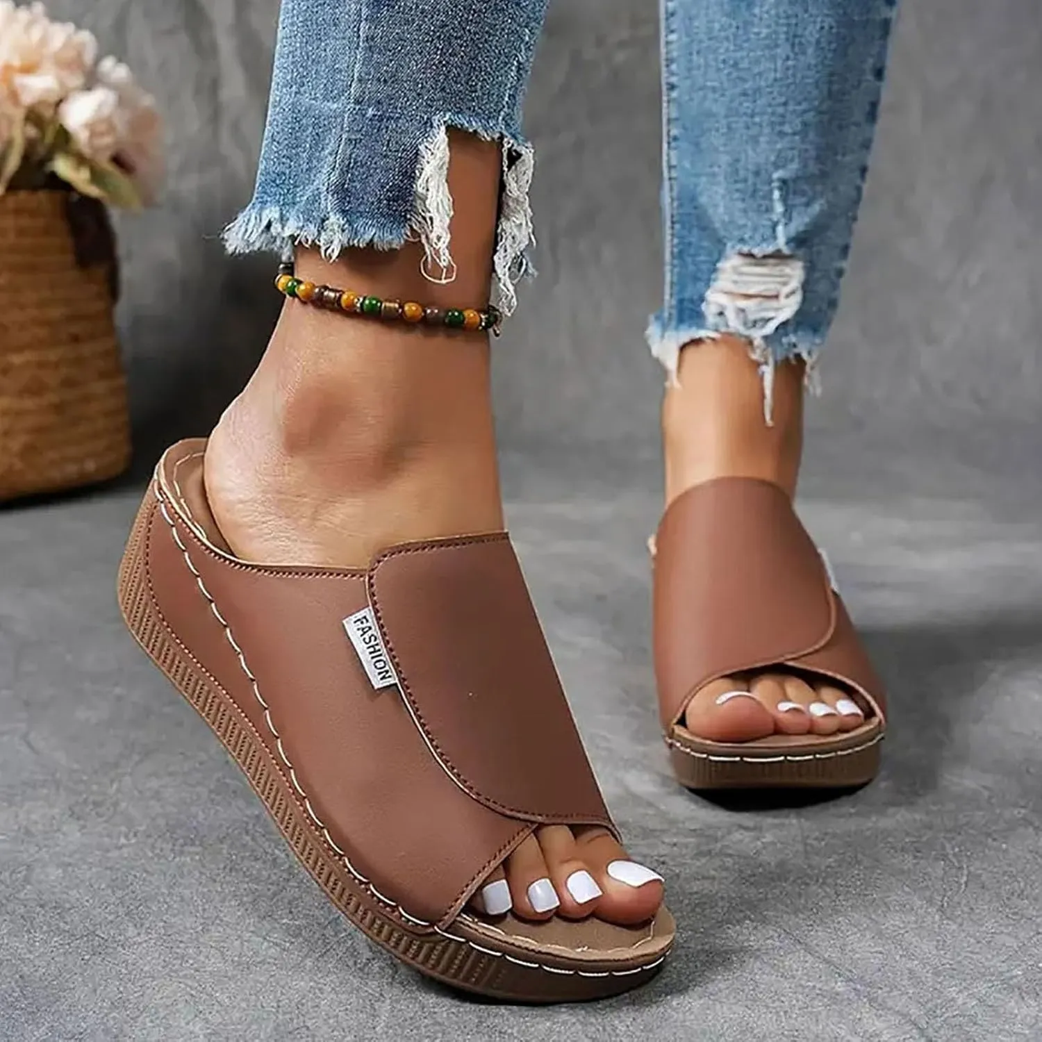 SACFOF Women Orthopedic Sandals Comfortable Arch Support Slides Summer Orthotic Platform Wedge Slip on Walking Casual Shoes