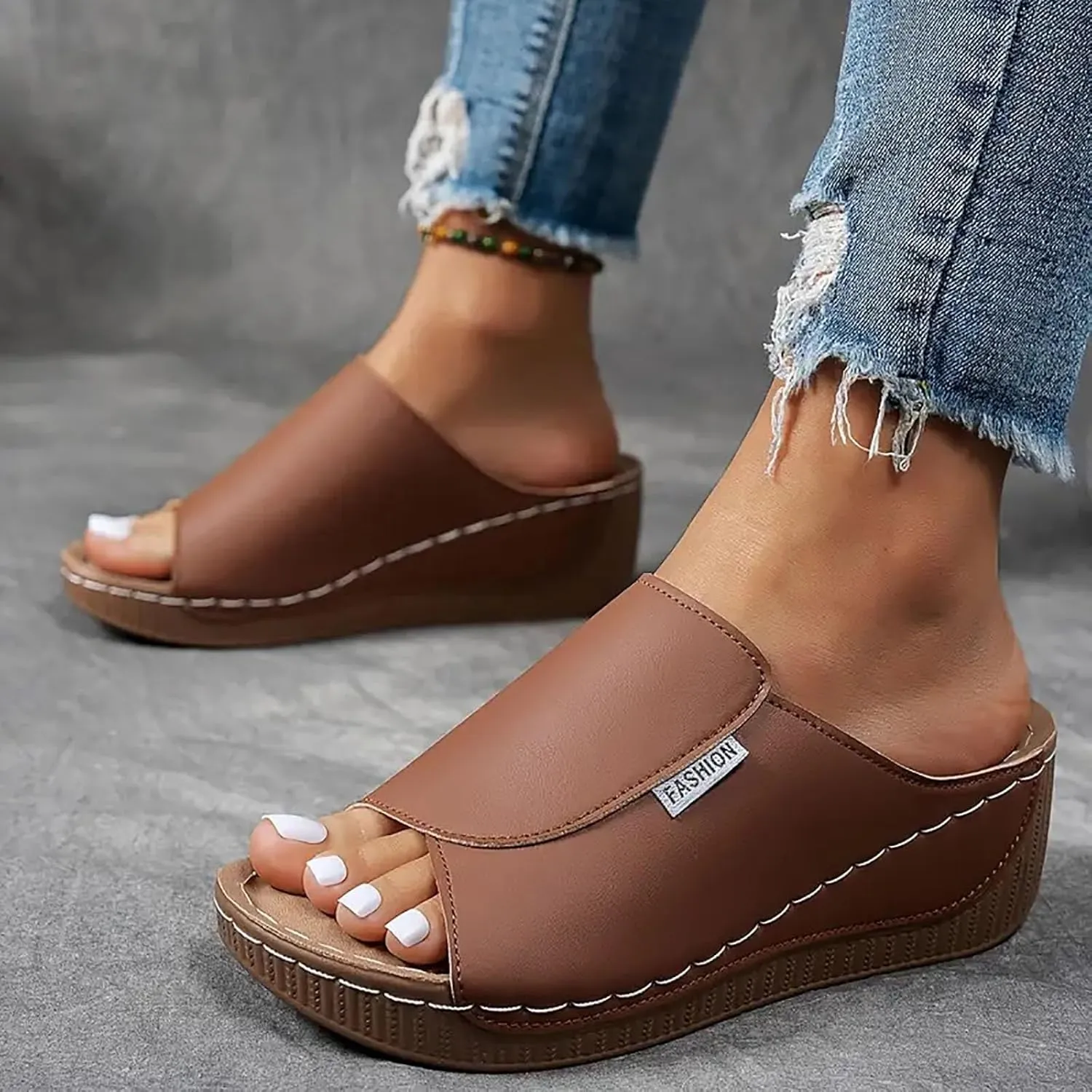 SACFOF Women Orthopedic Sandals Comfortable Arch Support Slides Summer Orthotic Platform Wedge Slip on Walking Casual Shoes