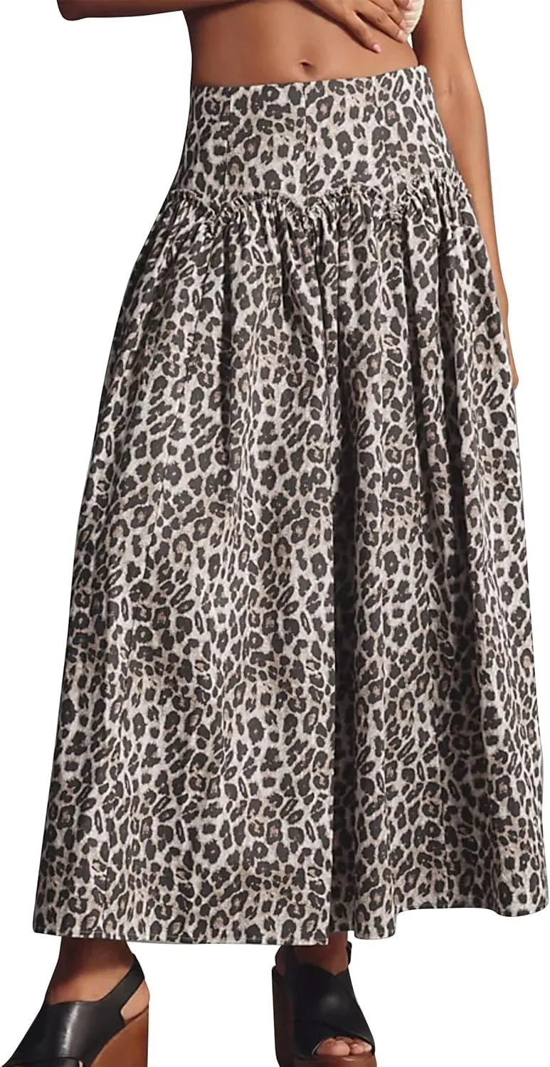 SAFRISIOR Leopard Print Maxi Skirt for Women High Waist Elastic Waistband Flowy A-Line Long Skirts Trendy Fall Dress