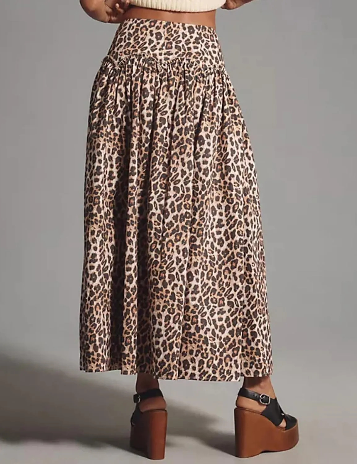SAFRISIOR Leopard Print Maxi Skirt for Women High Waist Elastic Waistband Flowy A-Line Long Skirts Trendy Fall Dress