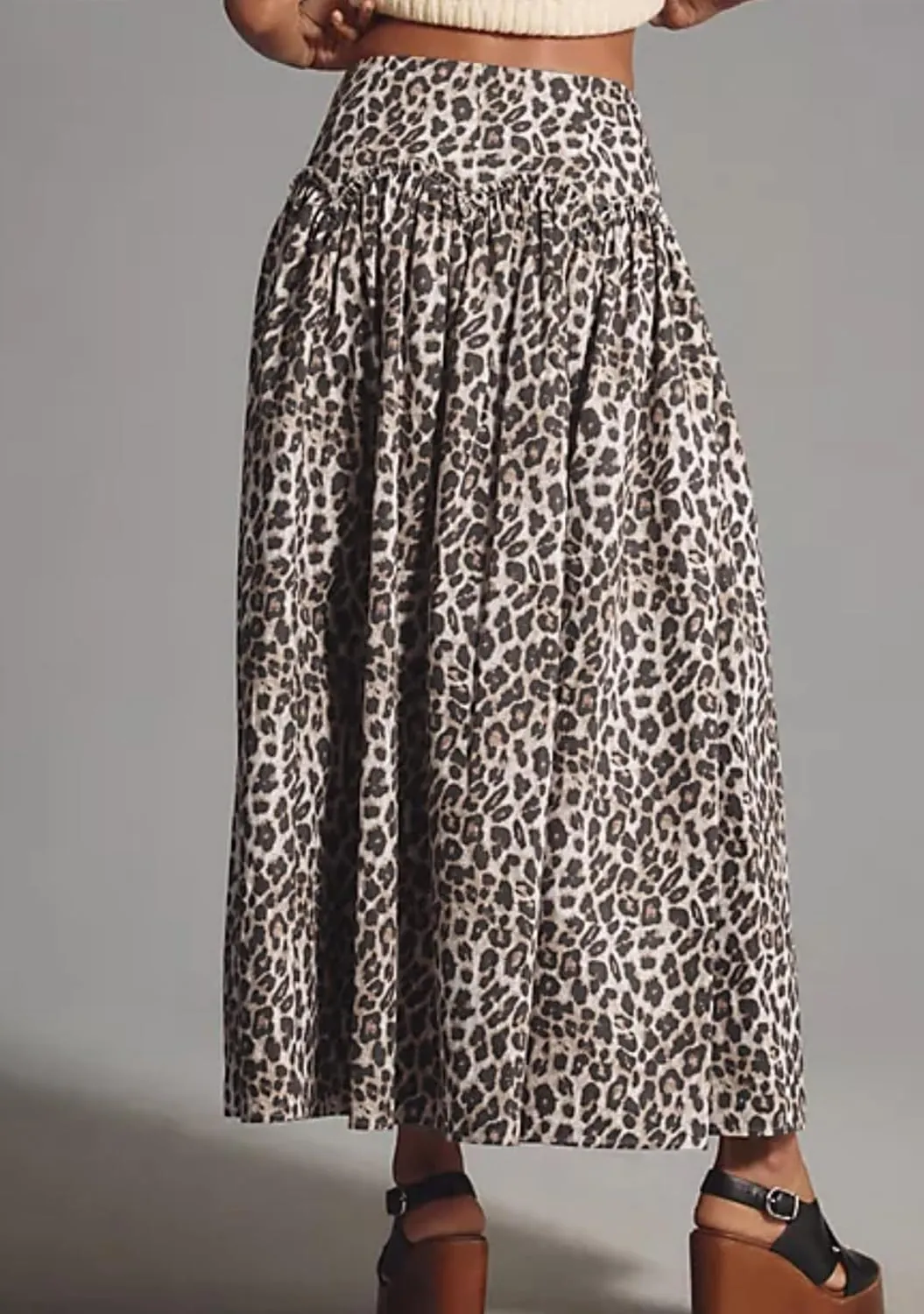 SAFRISIOR Leopard Print Maxi Skirt for Women High Waist Elastic Waistband Flowy A-Line Long Skirts Trendy Fall Dress
