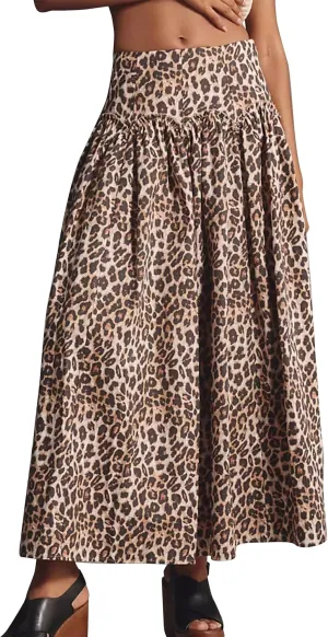 SAFRISIOR Leopard Print Maxi Skirt for Women High Waist Elastic Waistband Flowy A-Line Long Skirts Trendy Fall Dress