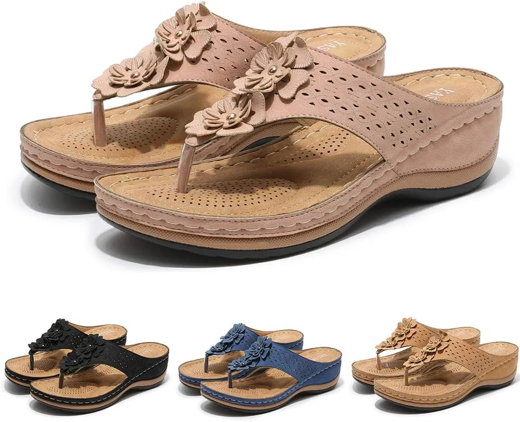Sandals for Women Platform,Women's Floral Summer Sandals Casual Comfortable Flip Flops Beach Shoes T-Strap Thong Flat Sandals
