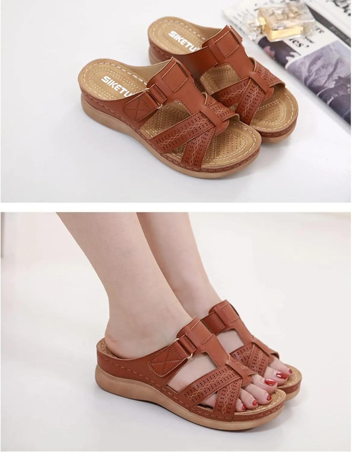 Sandals for Women Wedge Shoes Comfortable Orthopedic Slip On Slipper Sandals Dressy Casual Soft Cushion Slides Sandal Summer Shower Shoes On Feet All Day