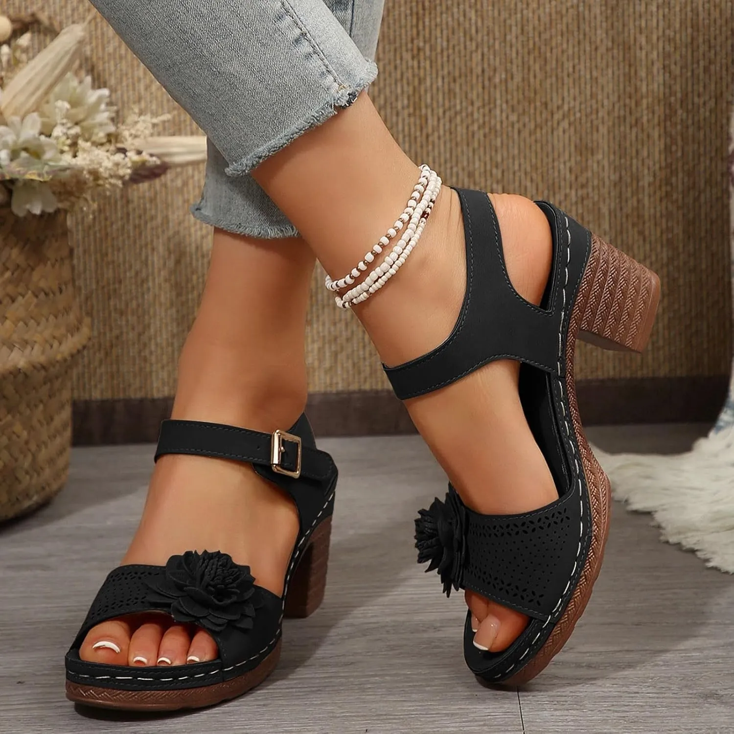 Sandals for Women Wedge Shoes Open Toe Low Chunky Short Heels Ankle Strap Block Heel Sandals Platform Summer Casual Hollow Out Breathable Shoes