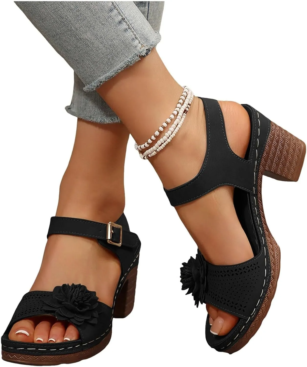 Sandals for Women Wedge Shoes Open Toe Low Chunky Short Heels Ankle Strap Block Heel Sandals Platform Summer Casual Hollow Out Breathable Shoes