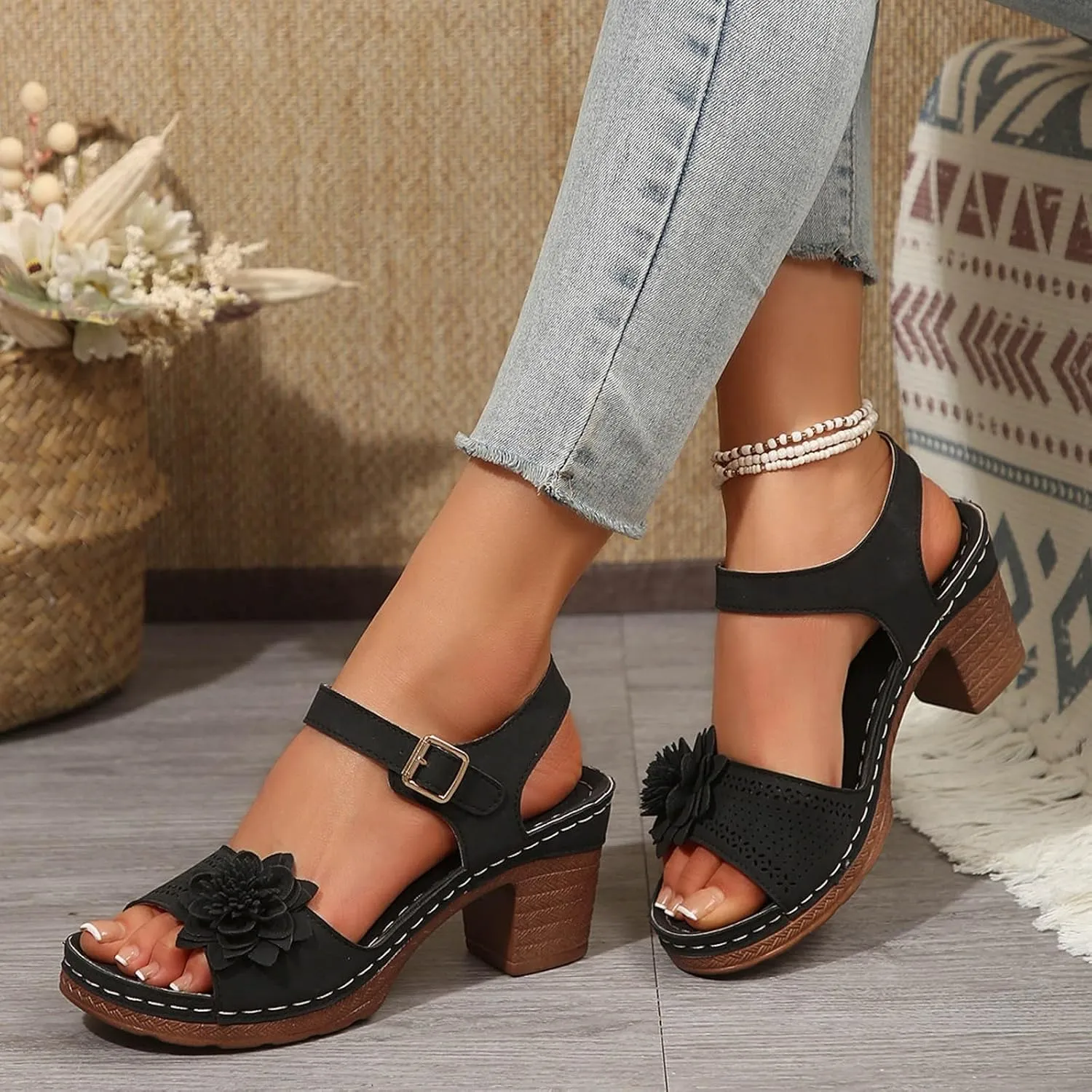 Sandals for Women Wedge Shoes Open Toe Low Chunky Short Heels Ankle Strap Block Heel Sandals Platform Summer Casual Hollow Out Breathable Shoes