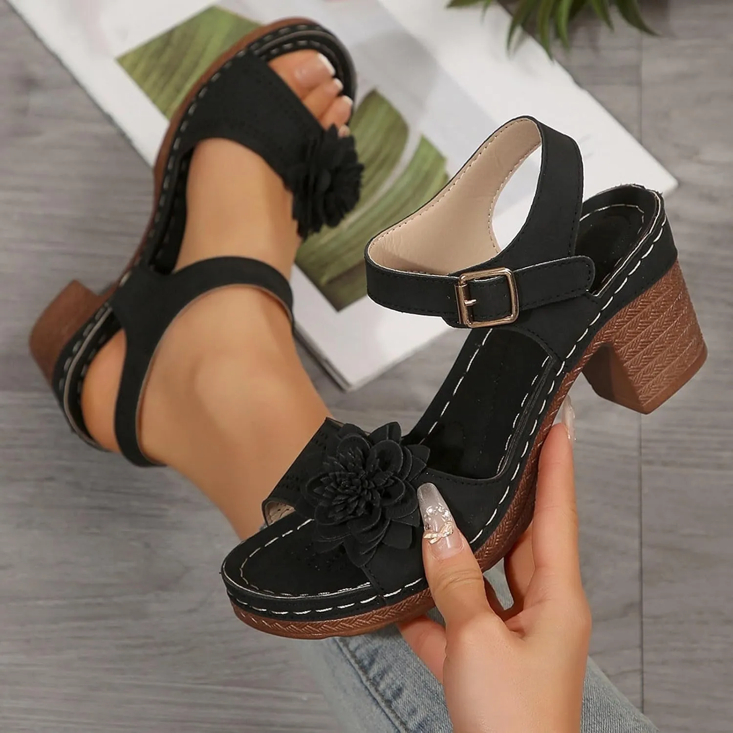 Sandals for Women Wedge Shoes Open Toe Low Chunky Short Heels Ankle Strap Block Heel Sandals Platform Summer Casual Hollow Out Breathable Shoes