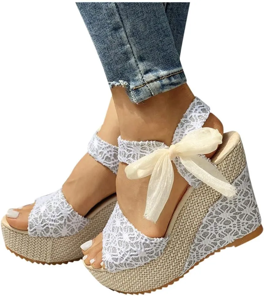 SBGMoSJ White Strappy Wedges for Women Closed Toe Dress Black Sandals Wide Width Women Braided Slide Sandals Women Platform Wide Sandals for Women Dressy Comfortable Sandals Women