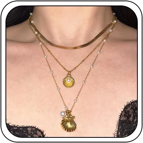 Seashell Necklaces for Women Boho Layered Summer Beach Pearl Shell Choker Necklaces