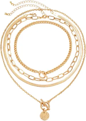 Set Of 4 Layered Gold Necklaces For Women Stackable Dainty Gold Chain Necklace Necklace And Bracelet Set for Jewelry Gifts