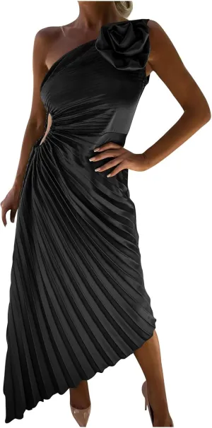 Sexy Dresses for Women Floral Print one Shoulder Dress Ruffle Irregular Swing Hem Long Dress Cocktail Party Dresses