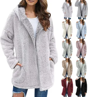 Sherpa Jacket Women Fuzzy Fleece Oversized Open Front Hooded Cardigan Cozy Soft Fluffy Sweater Coats with Pockets