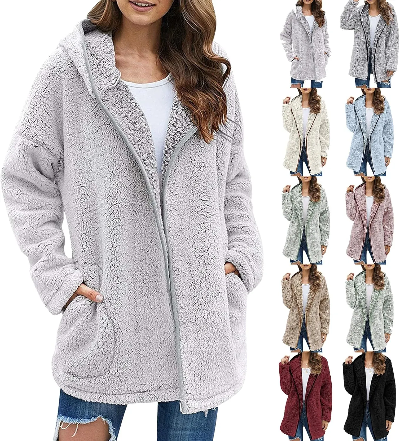 Sherpa Jacket Women Fuzzy Fleece Oversized Open Front Hooded Cardigan Cozy Soft Fluffy Sweater Coats with Pockets