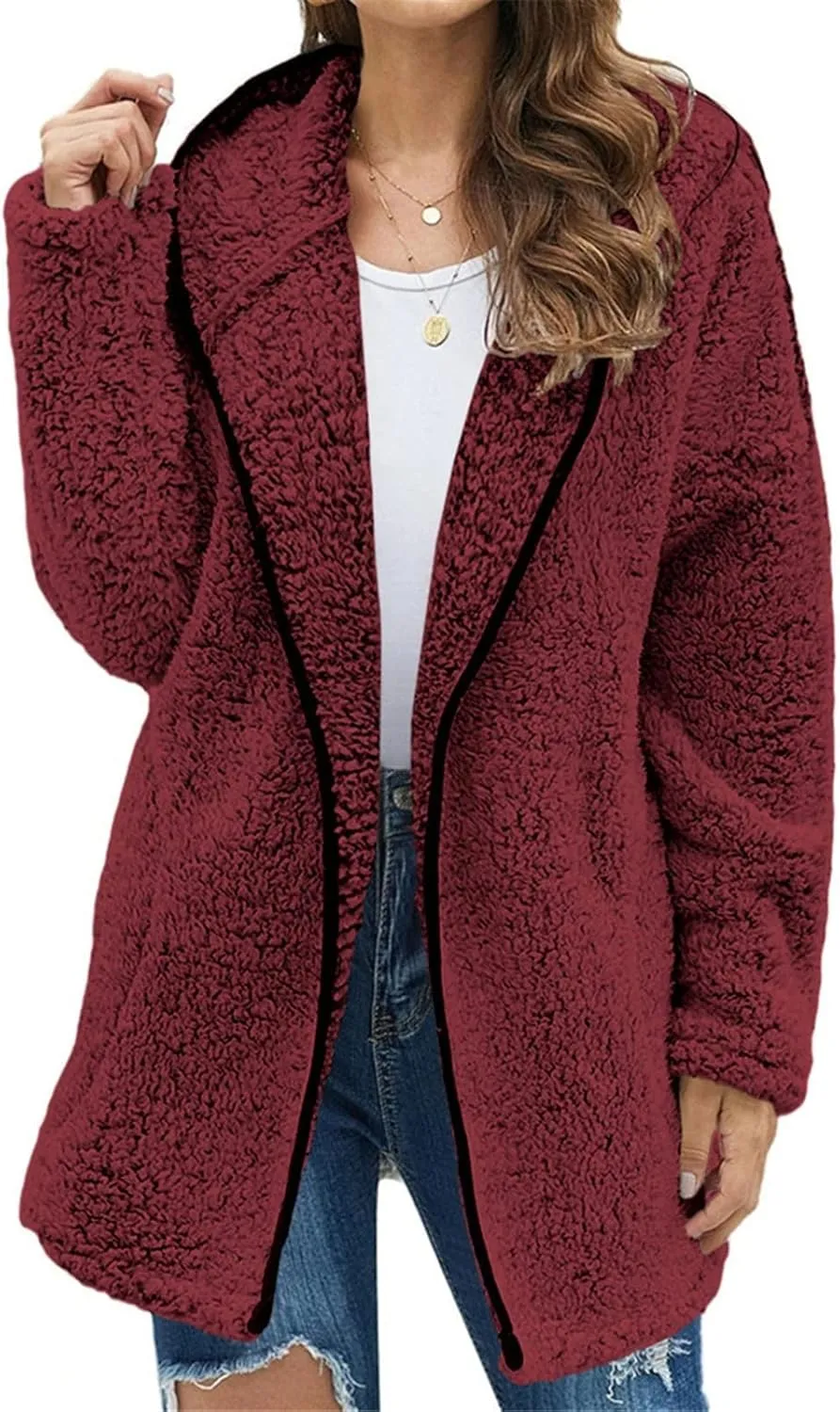 Sherpa Jacket Women Fuzzy Fleece Oversized Open Front Hooded Cardigan Cozy Soft Fluffy Sweater Coats with Pockets