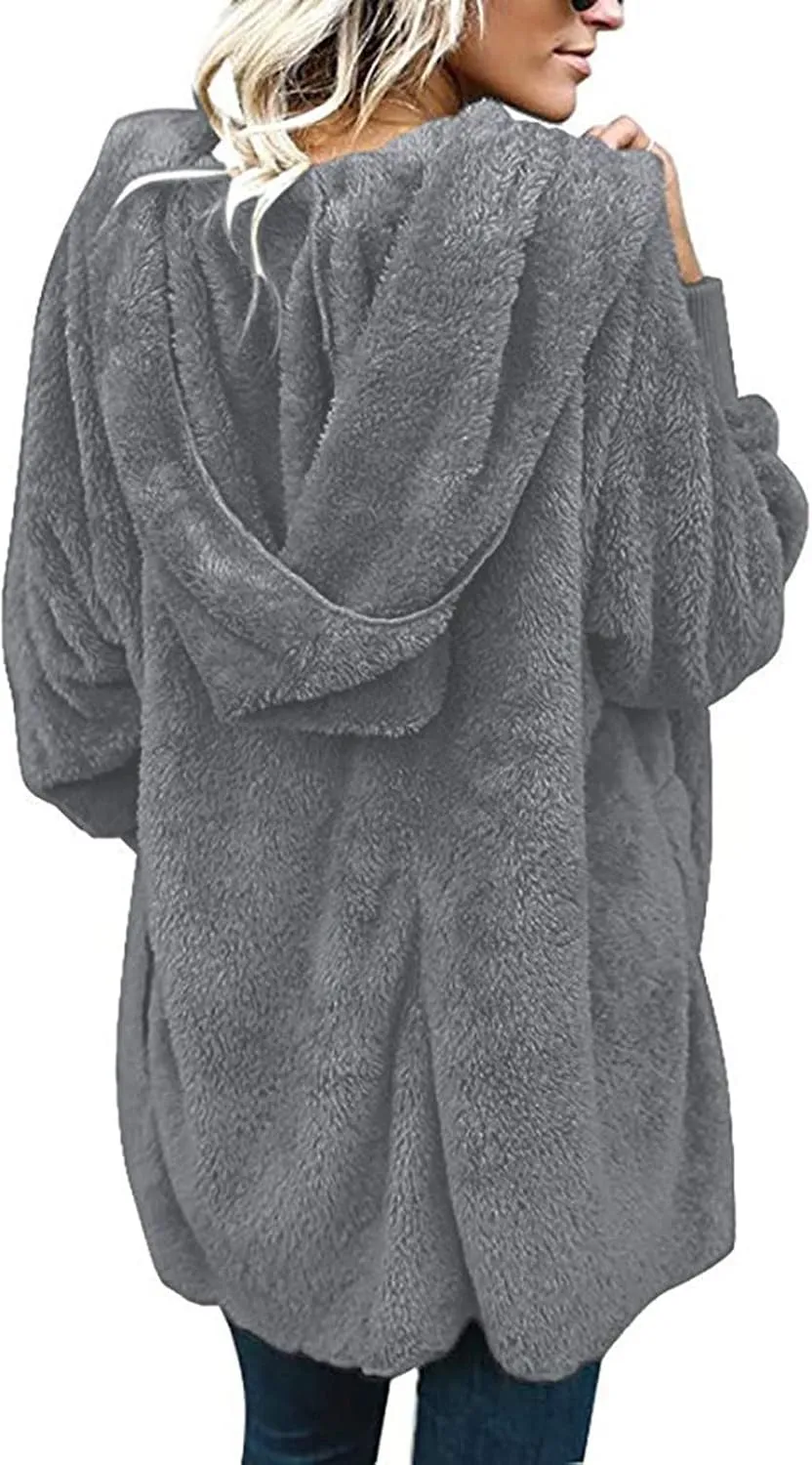 Sherpa Jacket Women Fuzzy Fleece Oversized Open Front Hooded Cardigan Soft Fluffy Sweaters Winter Coats with Pockets