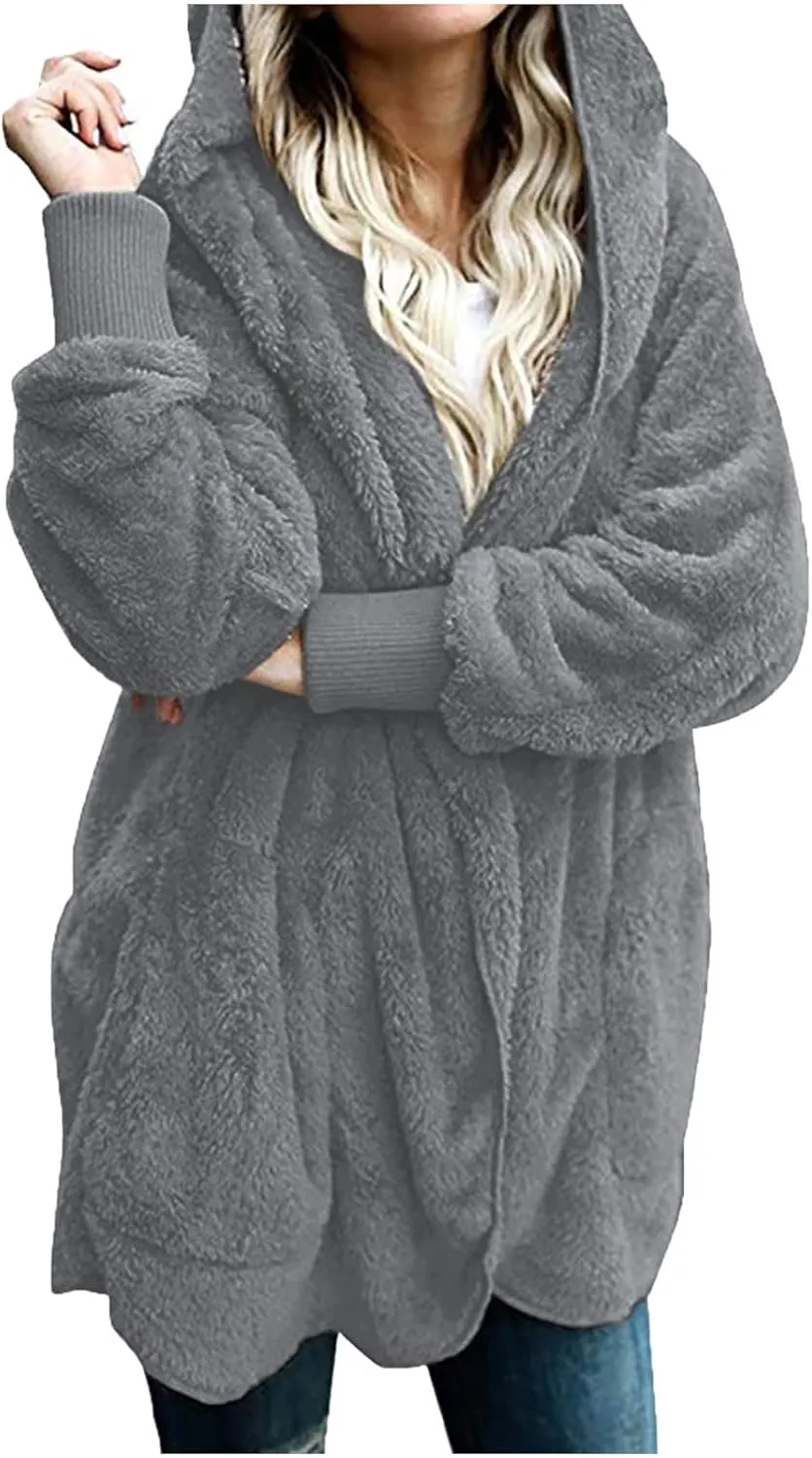 Sherpa Jacket Women Fuzzy Fleece Oversized Open Front Hooded Cardigan Soft Fluffy Sweaters Winter Coats with Pockets
