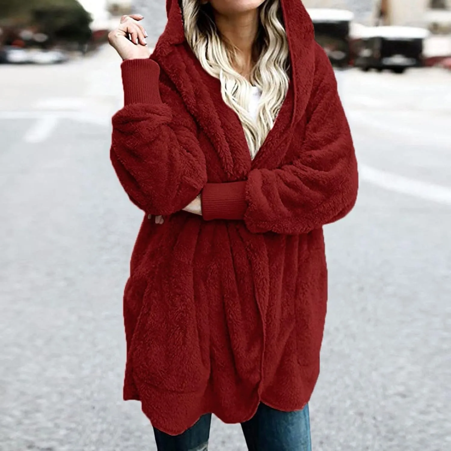 Sherpa Jacket Women Fuzzy Fleece Oversized Open Front Hooded Cardigan Soft Fluffy Sweaters with Pockets Winter Coats
