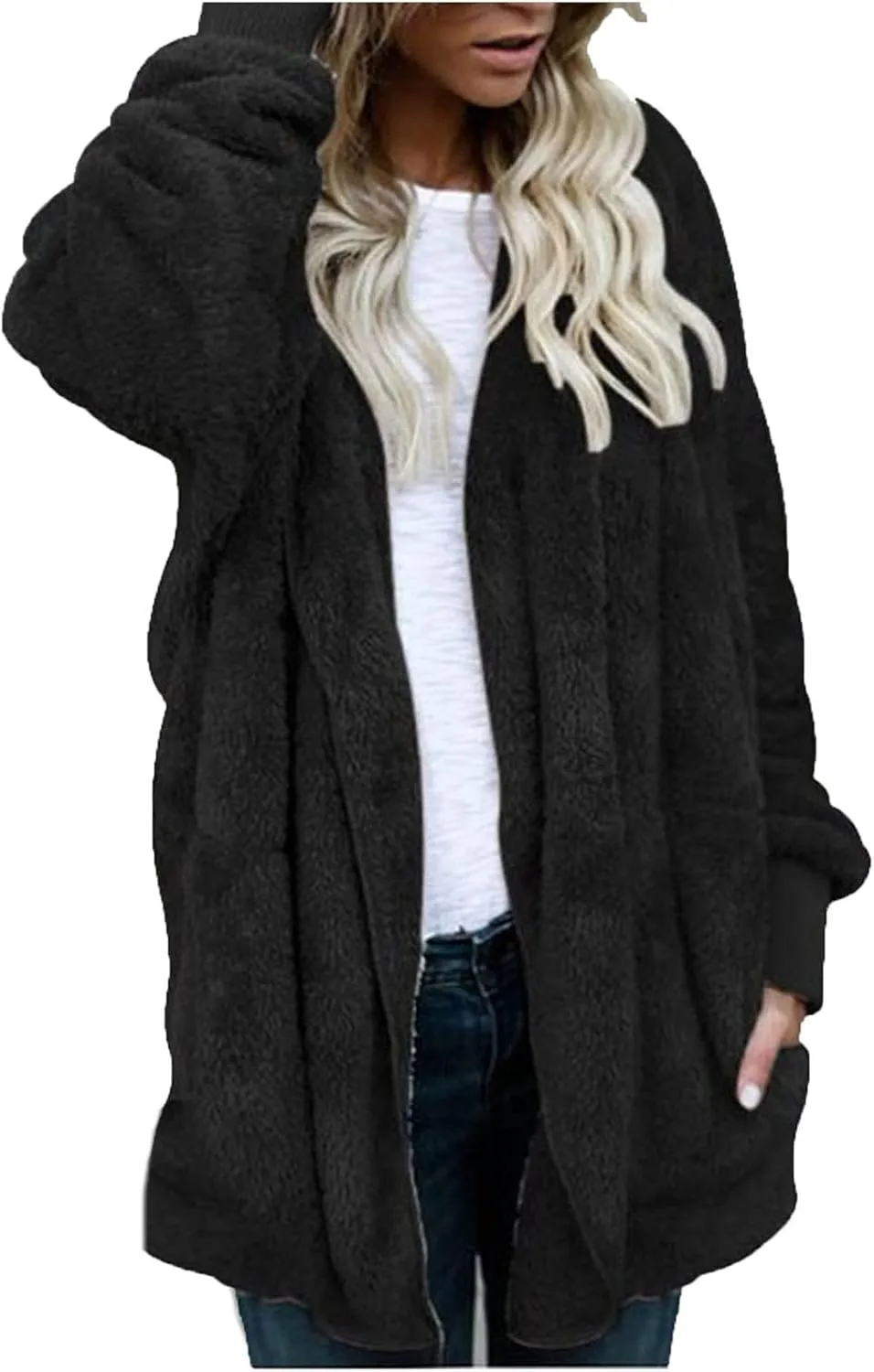 Sherpa Jacket Women Fuzzy Fleece Oversized Open Front Hooded Cardigan Soft Fluffy Sweaters with Pockets Winter Coats