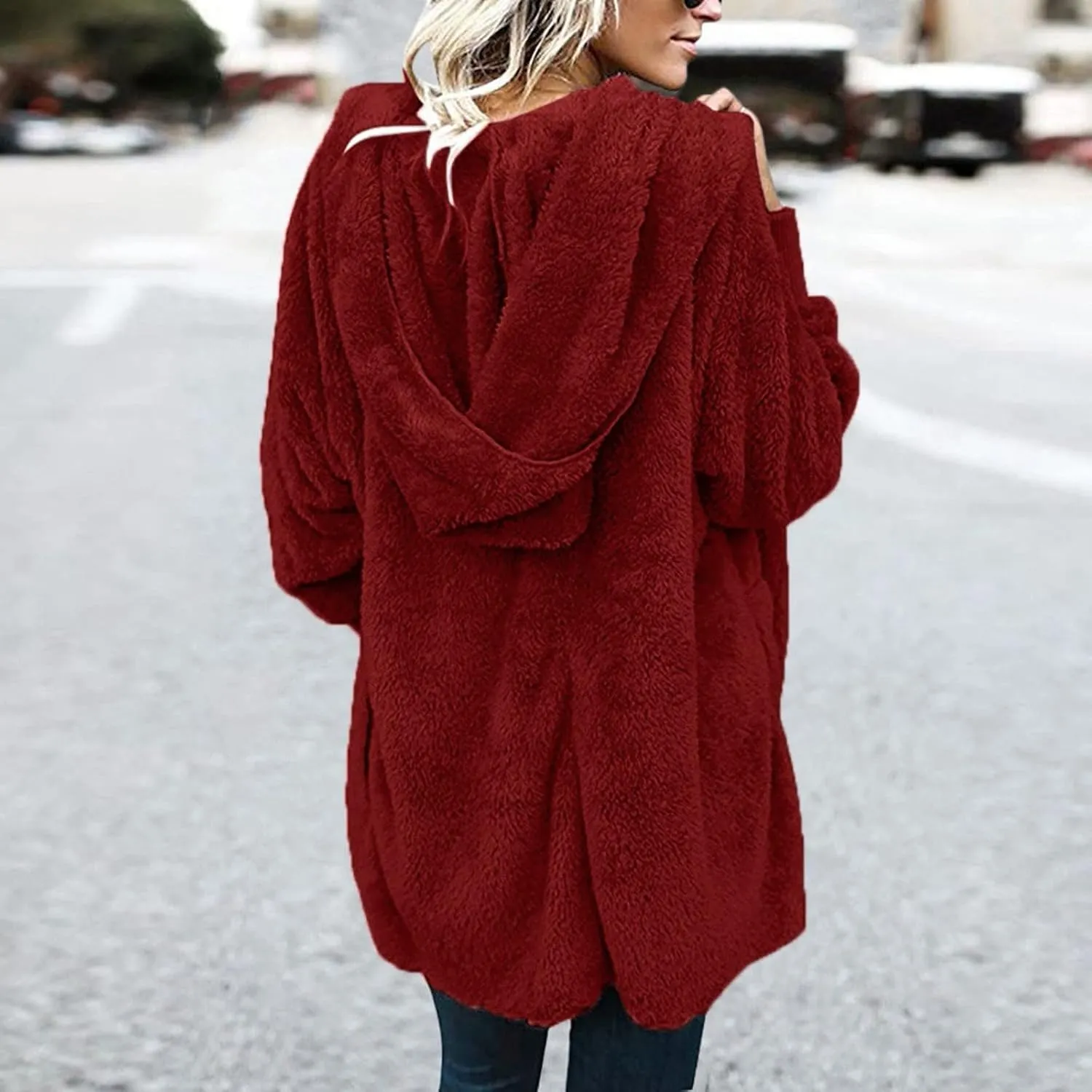Sherpa Jacket Women Fuzzy Fleece Oversized Open Front Hooded Cardigan Soft Fluffy Sweaters with Pockets Winter Coats