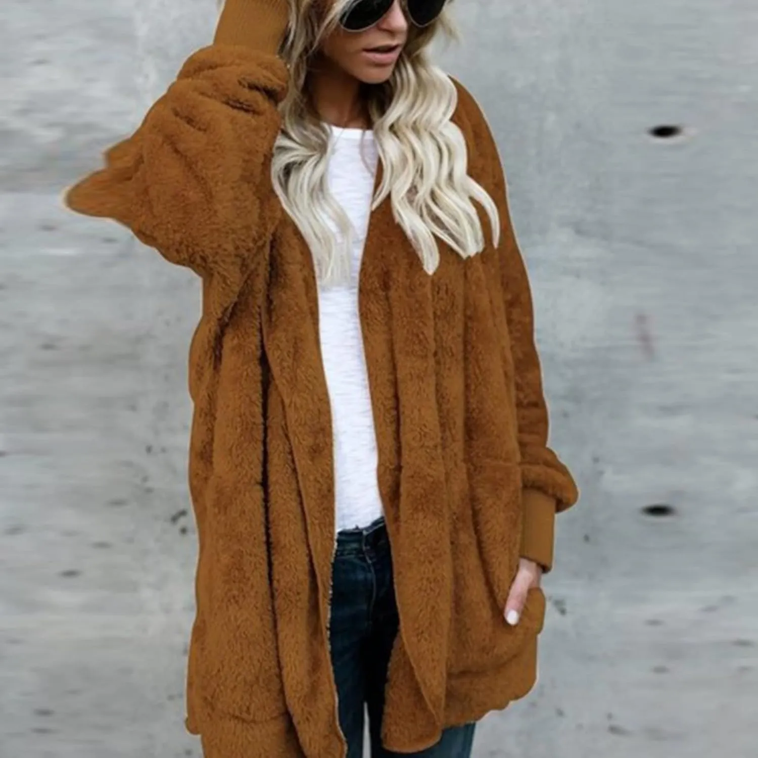Sherpa Jacket Women Fuzzy Fleece Oversized Open Front Hooded Cardigan Soft Fluffy Sweaters with Pockets Winter Coats