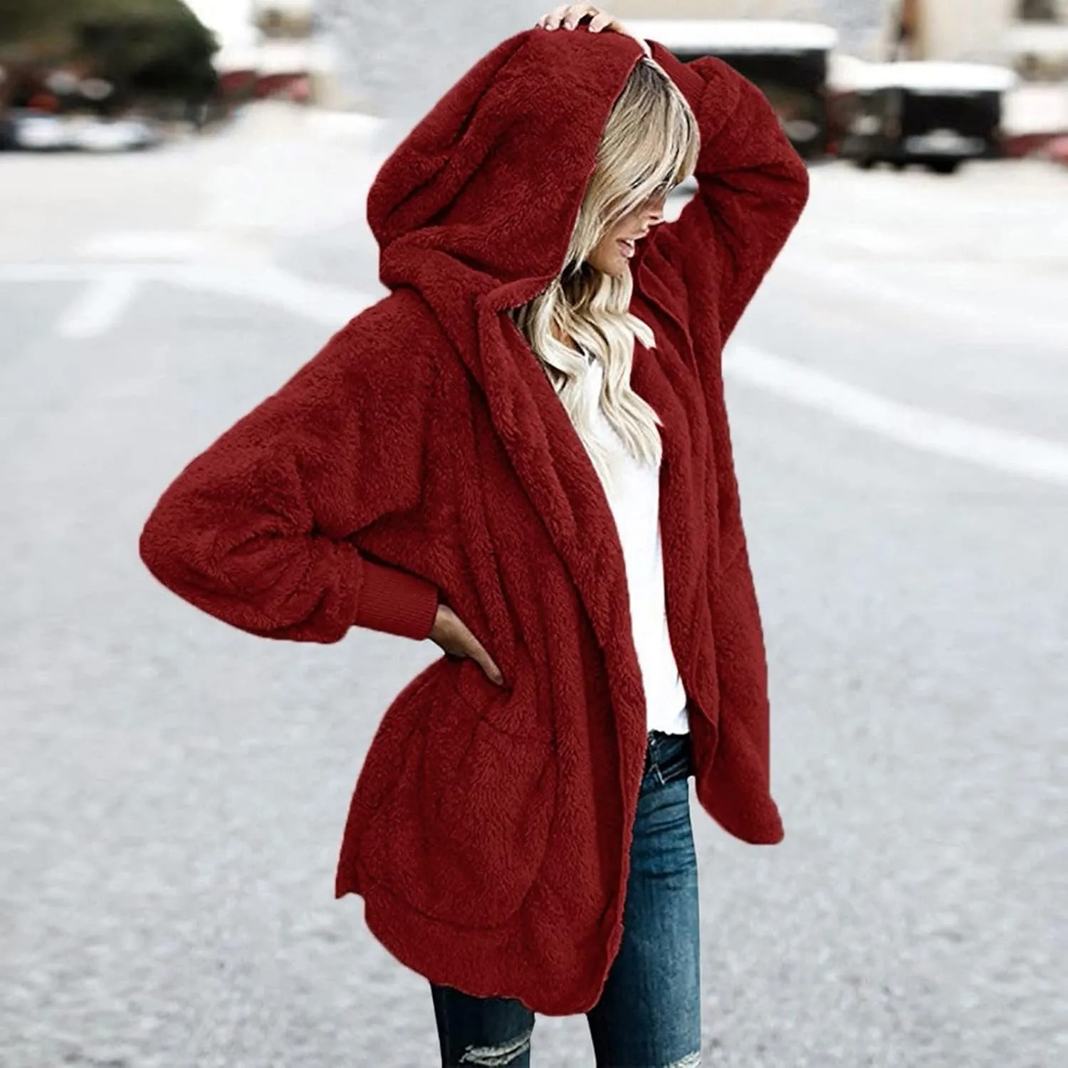 Sherpa Jacket Women Fuzzy Fleece Oversized Open Front Hooded Cardigan Soft Fluffy Sweaters with Pockets Winter Coats