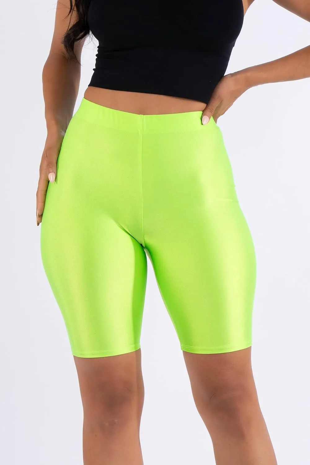 Shiny Biker Shorts Colorful Knee Length High Waist Active Slip Shorts Boy Shorts Dance Yoga Running Lounge