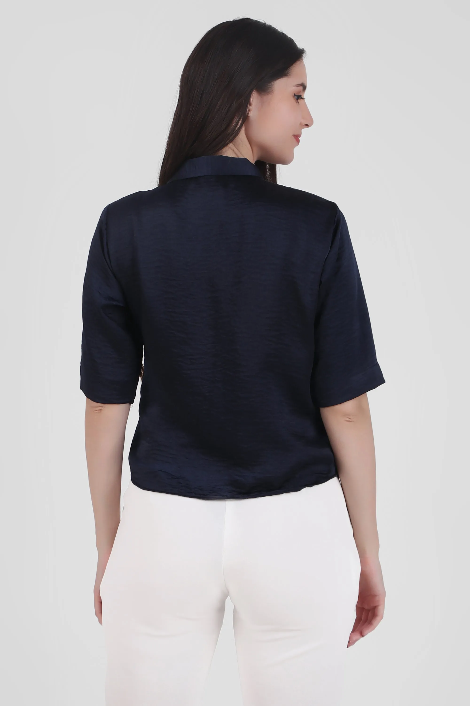 Short Sleeve Satin Shirt, Deep Sea Blue