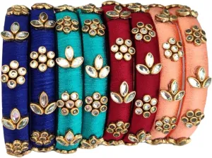 Silk thread Bangles|Ethnic Indian Accessories|Party favors|Return gifts|Baby shower gifts|Bollywood|Handmade|Chuda|Set of 4 pairs|Multicolor kada|Kundan